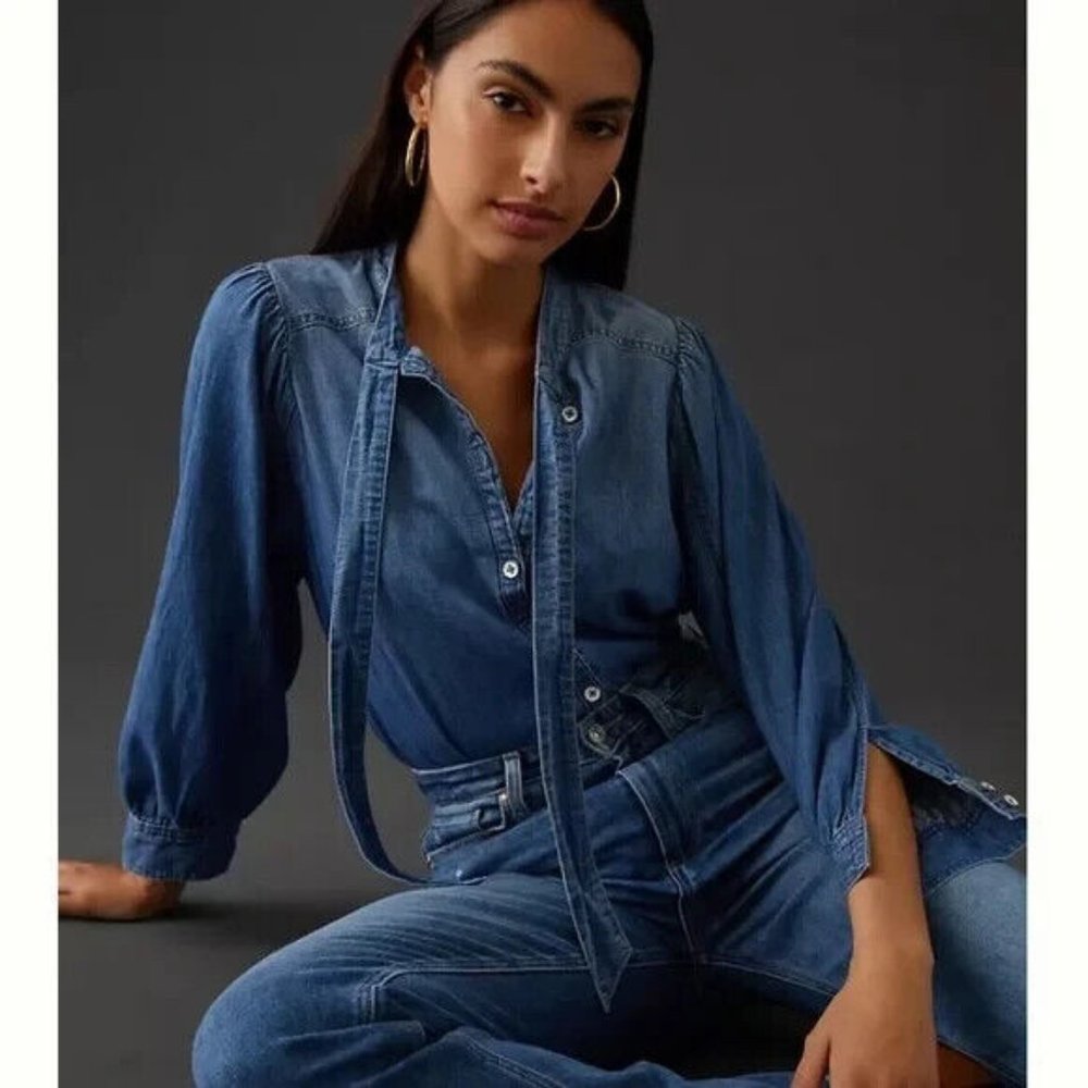 Pilcro Indigo Denim Tie-Neck Blouse